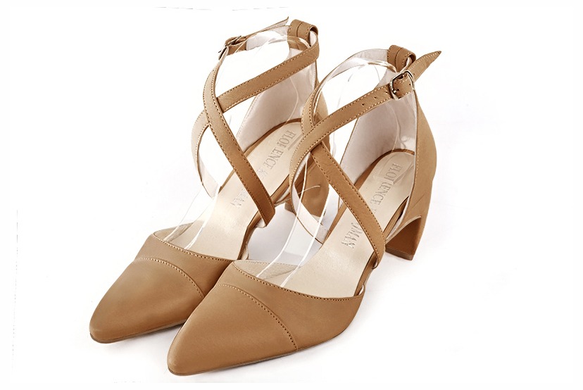 Camel beige women's open side shoes, with crossed straps. Tapered toe. Medium comma heels. Front view - Florence KOOIJMAN